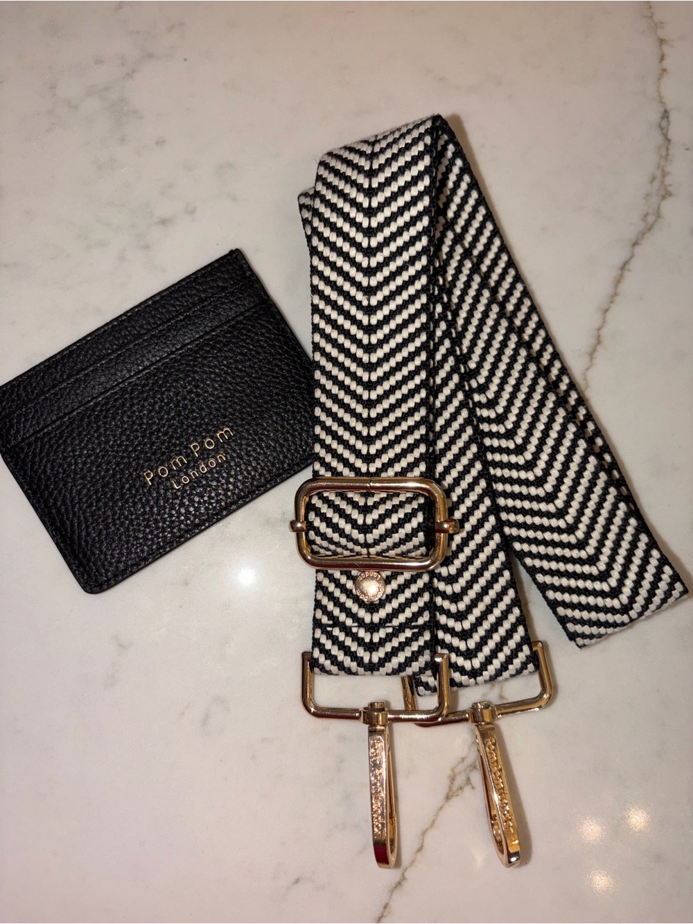 Pom Pom London Black Chelsea card case wallet  & Black-White Chevron Strap NEW